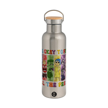 Inside Out It's Okay To Feel All The Feels , Stainless steel Silver with wooden lid (bamboo), double wall, 750ml