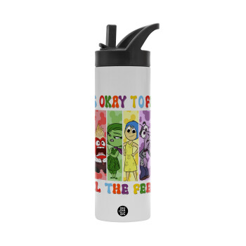 Inside Out It's Okay To Feel All The Feels , Metallic thermos bottle with straw & handle, stainless steel (Stainless steel 304), double-walled, 600ml.