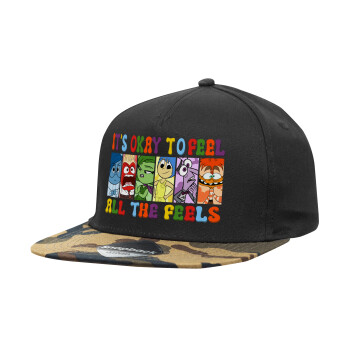 Inside Out It's Okay To Feel All The Feels , Adult Flat Snapback Hat Black/Camouflage, (100% COTTON TWILL, ADULT, UNISEX, ONE SIZE)