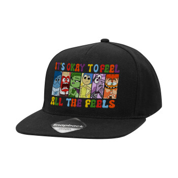 Inside Out It's Okay To Feel All The Feels , Adult Flat Snapback Hat Black, (100% COTTON TWILL, ADULT, UNISEX, ONE SIZE)