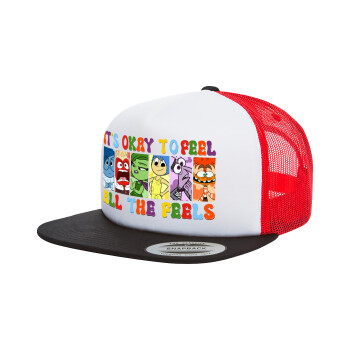 Inside Out It's Okay To Feel All The Feels , Adult Foam Flat Snapback with Mesh Black-White-Red (POLYESTER, ADULT, UNISEX, ONE SIZE)