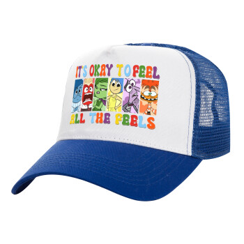 Inside Out It's Okay To Feel All The Feels , Adult Structured Trucker Hat, with Mesh, WHITE/BLUE (100% COTTON, ADULT, UNISEX, ONE SIZE)