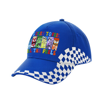 Inside Out It's Okay To Feel All The Feels , Adult Ultimate BLUE RACING Cap, (100% COTTON DRILL, ADULT, UNISEX, ONE SIZE)