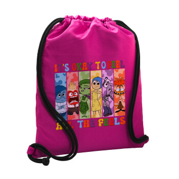 Inside Out It's Okay To Feel All The Feels , Backpack pouch GYMBAG Fuchsia, with pocket (40x48cm) & thick cords