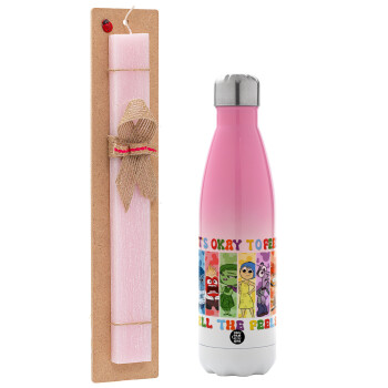 Inside Out It's Okay To Feel All The Feels , Easter Set, Metallic pink/white (Stainless steel) thermos, double-walled, 500ml & aromatic flat Easter candle (30cm) (PINK)