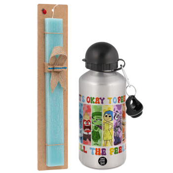 Inside Out It's Okay To Feel All The Feels , Easter Set, metallic silver aluminum water bottle (500ml) & scented flat Easter candle (30cm) (TURQUOISE)