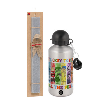 Inside Out It's Okay To Feel All The Feels , Easter Set, metallic silver aluminum water bottle (500ml) & aromatic flat Easter candle (30cm) (GRAY)