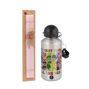 Inside Out It's Okay To Feel All The Feels , Easter Set, metallic Silver aluminum water bottle (500ml) & scented flat Easter candle (30cm) (PINK)