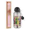 Easter Set, metallic Silver aluminum water bottle (500ml) & scented flat Easter candle (30cm) (PINK)