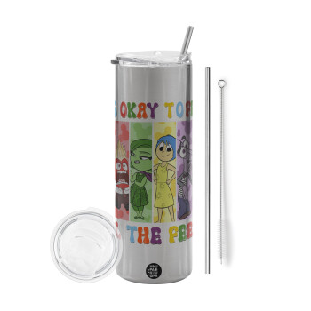 Inside Out It's Okay To Feel All The Feels , Eco friendly stainless steel Silver tumbler 600ml, with metal straw & cleaning brush