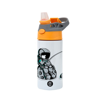 Little astronaut fishing, Children's hot water bottle, stainless steel, with safety straw, Orange/Grey (360ml) BPA-FREE