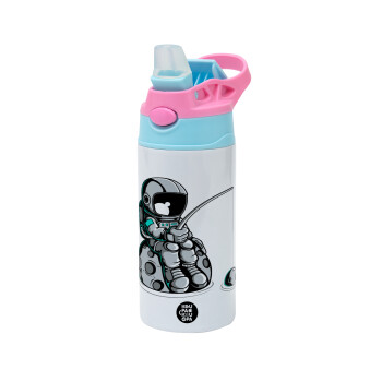 Little astronaut fishing, Children's hot water bottle, stainless steel, with safety straw, Pink/BlueCiel (360ml) BPA FREE