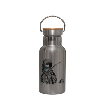 Little astronaut fishing, Stainless steel metallic thermos flask, silver with a bamboo lid, double-walled, 350ml.