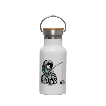 Little astronaut fishing, Metallic thermos (Stainless steel) White with wooden lid (bamboo), double-walled, 350ml