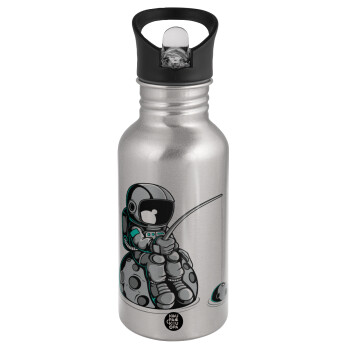 Little astronaut fishing, Water bottle Silver with straw, stainless steel 500ml