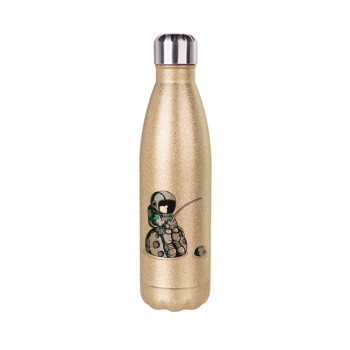 Little astronaut fishing, Glitter gold stainless steel thermos bottle, double-walled, 500ml