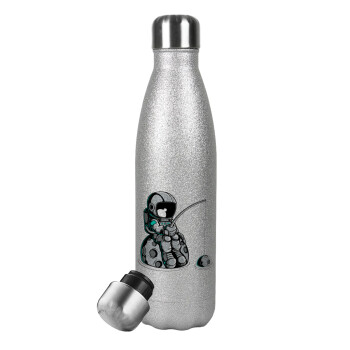 Little astronaut fishing, Metallic Glitter Silver Thermos Flask (Stainless steel), double-walled, 500ml