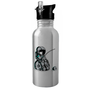 Little astronaut fishing, Water bottle Silver with straw, stainless steel 600ml