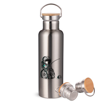 Little astronaut fishing, Stainless steel Silver with wooden lid (bamboo), double wall, 750ml