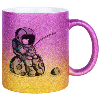 Little astronaut fishing, Κούπα Χρυσή/Ροζ Glitter, κεραμική, 330ml