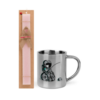 Little astronaut fishing, Easter Set, metallic thermal cup (300ml) & aromatic flat Easter candle (30cm) (PINK)