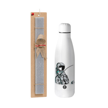 Little astronaut fishing, Easter Set, metallic Inox water bottle (700ml) & Easter scented flat candle (30cm) (GRAY)