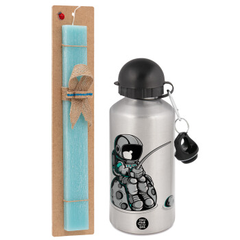 Little astronaut fishing, Easter Set, metallic silver aluminum water bottle (500ml) & scented flat Easter candle (30cm) (TURQUOISE)