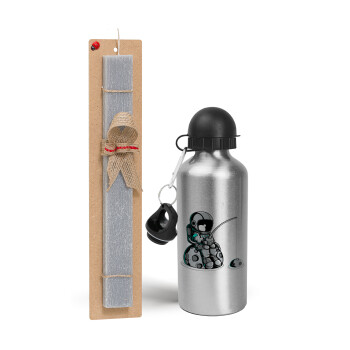 Little astronaut fishing, Easter Set, metallic silver aluminum water bottle (500ml) & aromatic flat Easter candle (30cm) (GRAY)