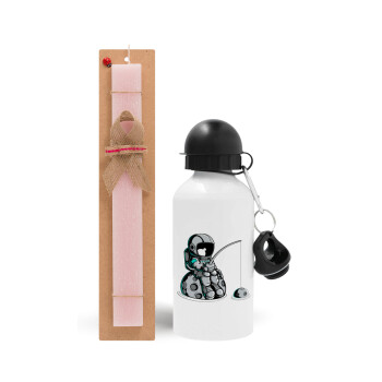 Little astronaut fishing, Easter Set, metallic aluminum bottle (500ml) & aromatic flat Easter candle (30cm) (PINK)