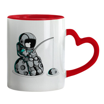 Αστροναύτης ψαρεύει στο διάστημα, Κούπα καρδιά χερούλι κόκκινη, κεραμική, 330ml
