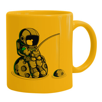 Little astronaut fishing, Ceramic coffee mug yellow, 330ml