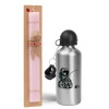 Easter Set, metallic Silver aluminum water bottle (500ml) & scented flat Easter candle (30cm) (PINK)