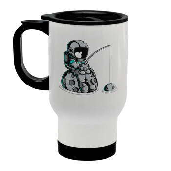 Little astronaut fishing, Stainless steel travel mug with lid, double wall white 450ml