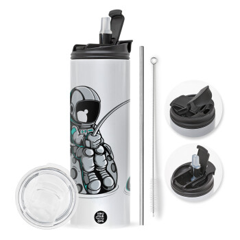 Little astronaut fishing, Travel Tumbler 2 Lids, with metal straw & cleaning brush (Stainless steel 304 Food grade, BPA free, 600ml)