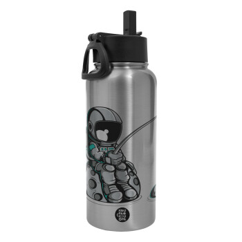 Little astronaut fishing, Metal mug thermo Silver with Straw and Spout Lid (Stainless steel), double wall, 950ml