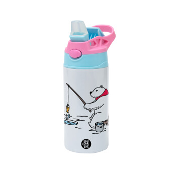 Bear fishing, Children's hot water bottle, stainless steel, with safety straw, Pink/BlueCiel (360ml) BPA FREE