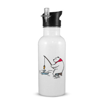 Bear fishing, White water bottle with straw, stainless steel 600ml