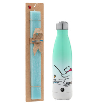 Bear fishing, Easter Set, Metallic green/white thermos (Stainless steel), double-walled, 500ml & scented flat Easter candle (30cm) (TURQUOISE)