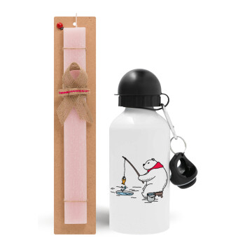 Bear fishing, Easter Set, metallic aluminum bottle (500ml) & aromatic flat Easter candle (30cm) (PINK)