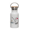 Metallic thermos (Stainless steel) White with wooden lid (bamboo), double-walled, 350ml