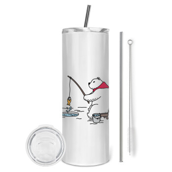 Bear fishing, Tumbler stainless steel 600ml, with metal straw & cleaning brush