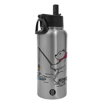 Bear fishing, Metal mug thermo Silver with Straw and Spout Lid (Stainless steel), double wall, 950ml