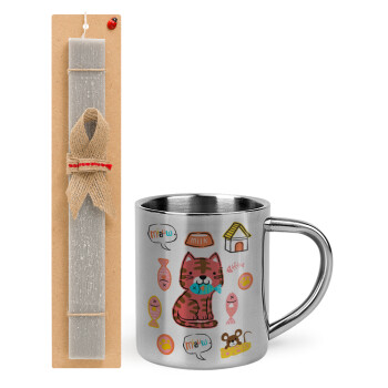 Cats and Fishes, Easter Set, metallic thermal cup (300ml) & Easter aromatic flat candle (30cm) (GRAY)