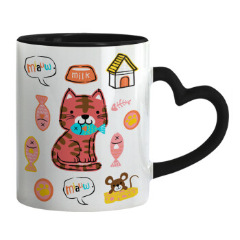 Cats and Fishes, Mug heart black handle, ceramic, 330ml
