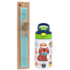 Easter Set, Children's thermal stainless steel bottle with safety straw, green/blue (350ml) & aromatic flat Easter candle (30cm) (TURQUOISE)