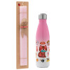 Easter Set, Metallic pink/white (Stainless steel) thermos, double-walled, 500ml & aromatic flat Easter candle (30cm) (PINK)