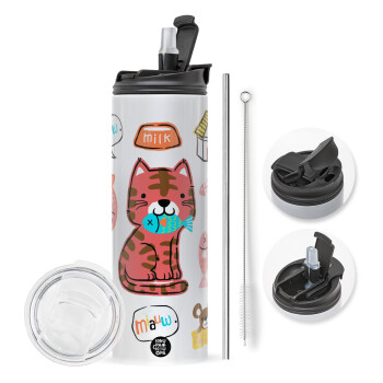 Cats and Fishes, Travel Tumbler θερμό με διπλό καπάκι, μεταλλικό καλαμάκι και βούρτσα καθαρισμού (Ανωξείδωτο 304 Food grade, BPA free, 600ml)