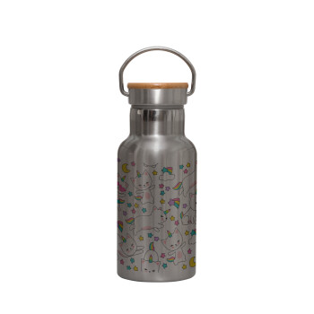 Cats unicorns, Stainless steel metallic thermos flask, silver with a bamboo lid, double-walled, 350ml.