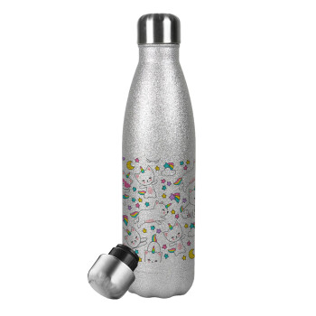 Cats unicorns, Μεταλλικό παγούρι θερμός Glitter Aσημένιο (Stainless steel), διπλού τοιχώματος, 500ml