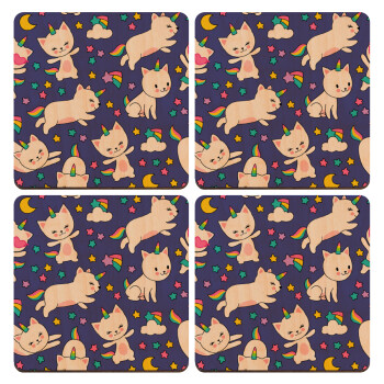 Cats unicorns, ΣΕΤ x4 Σουβέρ ξύλινα τετράγωνα plywood (9cm)